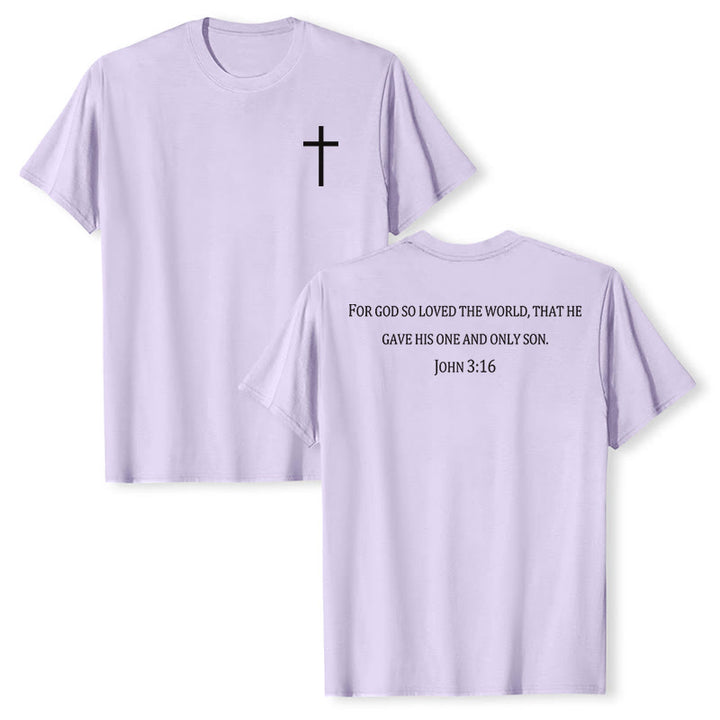 Christianartworkshop Johannes 3,16 Denn so sehr hat Gott die Welt geliebt Premium Kurzarm-T-Shirt mit Kreuz auf der Vorderseite, Bibelvers auf dem Rücken - Lila - 2XL - image 12