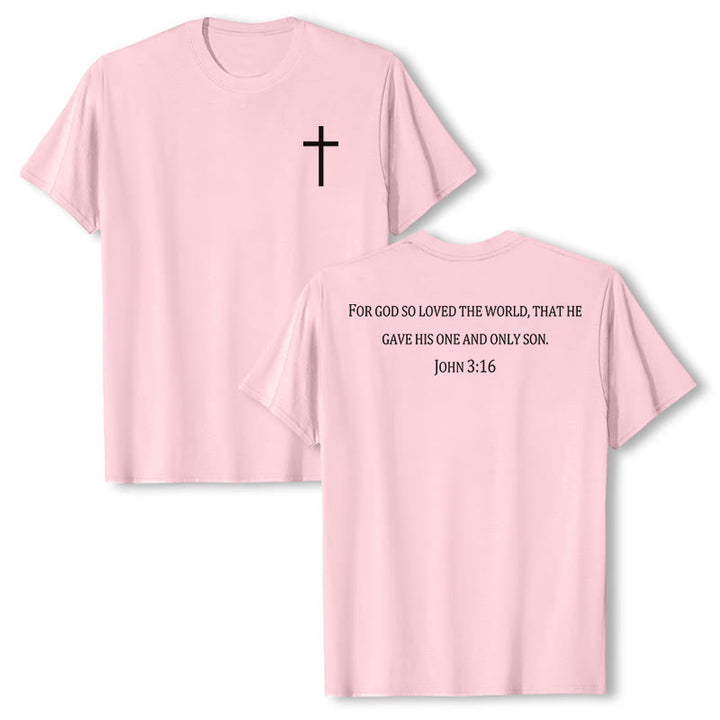 Christianartworkshop Johannes 3,16 Denn so sehr hat Gott die Welt geliebt Premium Kurzarm-T-Shirt mit Kreuz auf der Vorderseite, Bibelvers auf dem Rücken - Rosa - 2XL - image 9