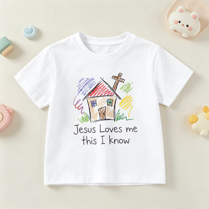 Christianartworkshop Jesus liebt mich, das weiß ich. Kapellenkreuz Kinder Kurzarm-T-Shirt - Weiß - US/GB/AU 14, EU 170 - image 15