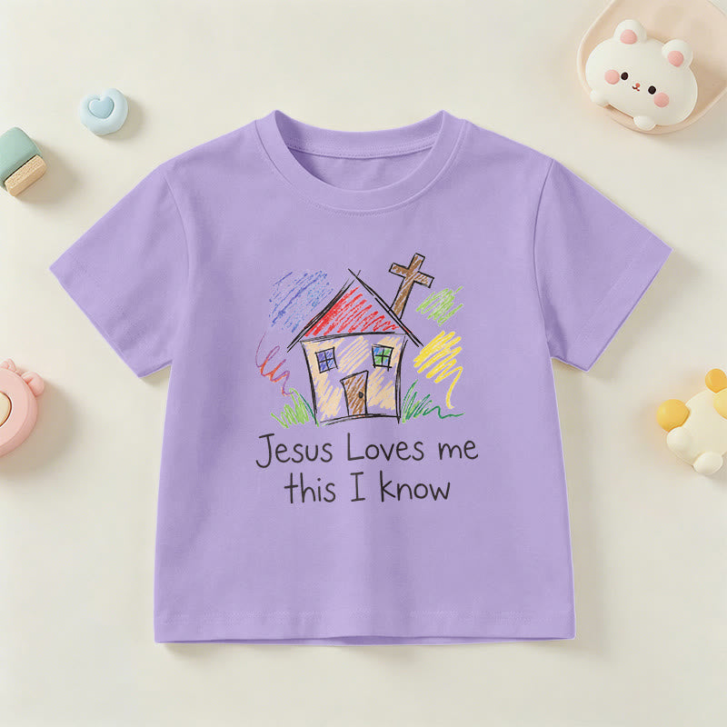 Christianartworkshop Jesus liebt mich, das weiß ich. Kapellenkreuz Kinder Kurzarm-T-Shirt - Lila - US/GB/AU 14, EU 170 - image 3