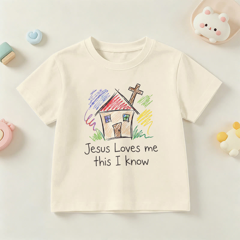 Christianartworkshop Jesus liebt mich, das weiß ich. Kapellenkreuz Kinder Kurzarm-T-Shirt - Beige - US/GB/AU 14, EU 170 - image 0