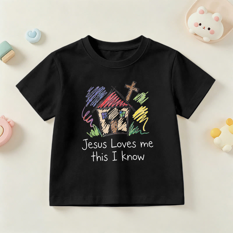 Christianartworkshop Jesus liebt mich, das weiß ich. Kapellenkreuz Kinder Kurzarm-T-Shirt - Schwarz - US/GB/AU 14, EU 170 - image 24