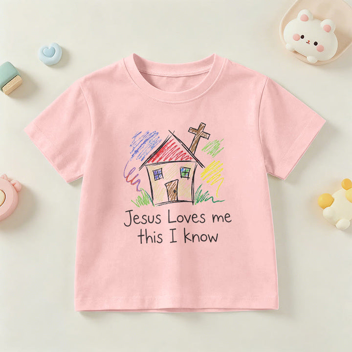 Christianartworkshop Jesus liebt mich, das weiß ich. Kapellenkreuz Kinder Kurzarm-T-Shirt - Rosa - US/GB/AU 14, EU 170 - image 9