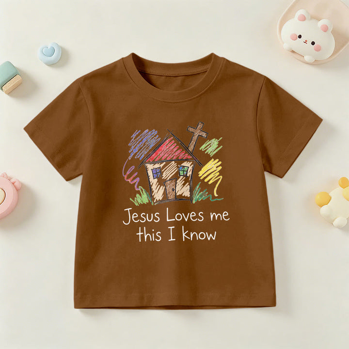 Christianartworkshop Jesus liebt mich, das weiß ich. Kapellenkreuz Kinder Kurzarm-T-Shirt - Braun - US/GB/AU 14, EU 170 - image 18