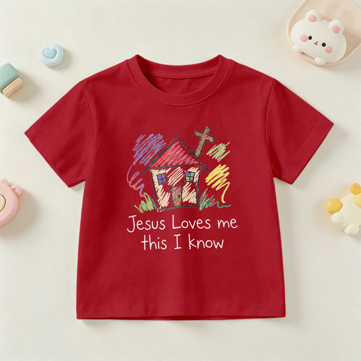 Christianartworkshop Jesus liebt mich, das weiß ich. Kapellenkreuz Kinder Kurzarm-T-Shirt - Rot - US/GB/AU 14, EU 170 - image 6