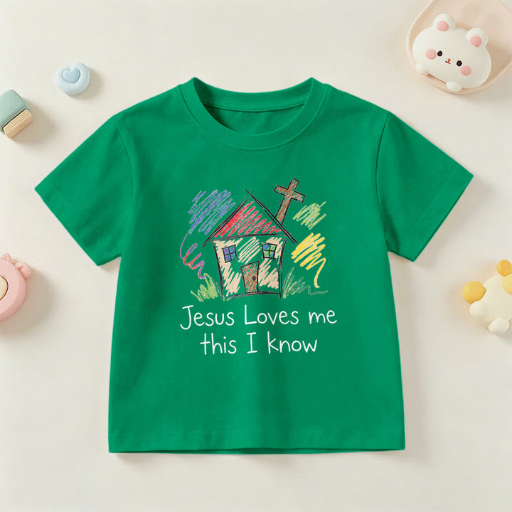 Christianartworkshop Jesus liebt mich, das weiß ich. Kapellenkreuz Kinder Kurzarm-T-Shirt - Grün - US/GB/AU 14, EU 170 - image 12
