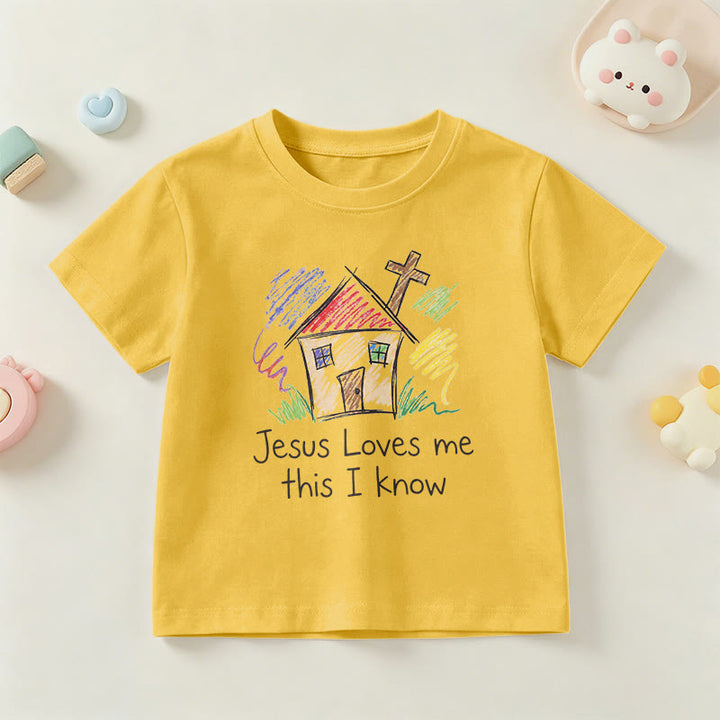 Christianartworkshop Jesus liebt mich, das weiß ich. Kapellenkreuz Kinder Kurzarm-T-Shirt - Gelb - US/GB/AU 14, EU 170 - image 27