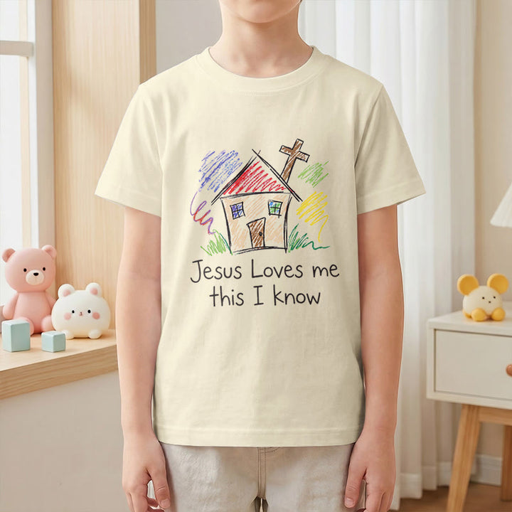 Christianartworkshop Jesus liebt mich, das weiß ich. Kapellenkreuz Kinder Kurzarm-T-Shirt - image 1