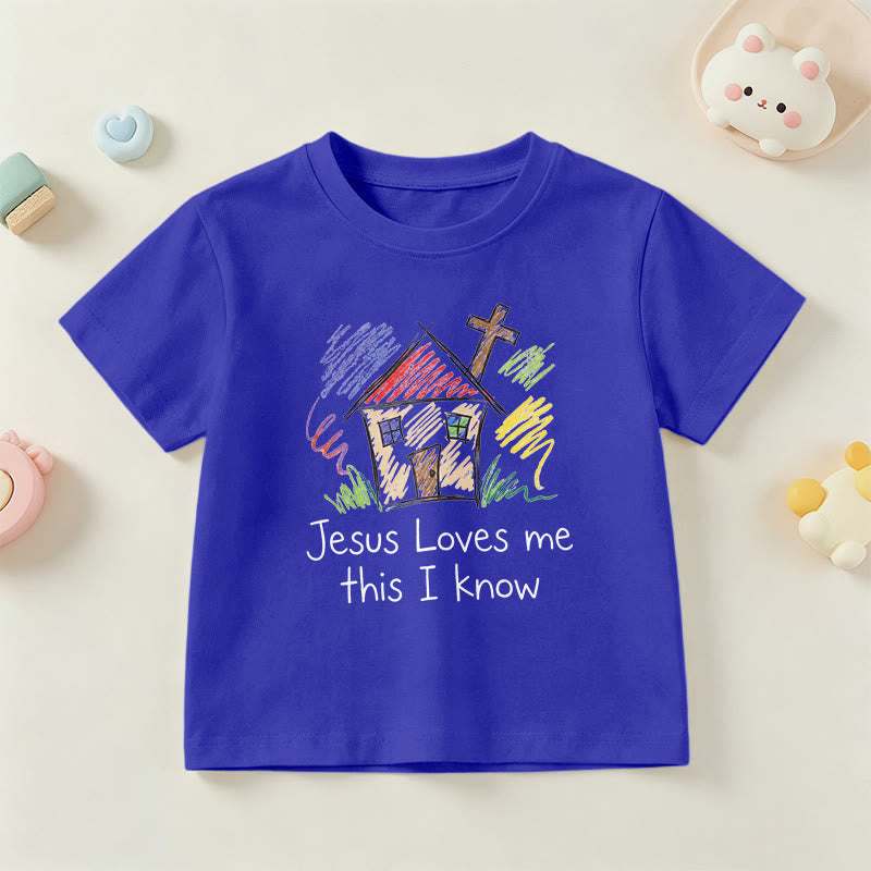 Christianartworkshop Jesus liebt mich, das weiß ich. Kapellenkreuz Kinder Kurzarm-T-Shirt - Blau - US/GB/AU 14, EU 170 - image 21