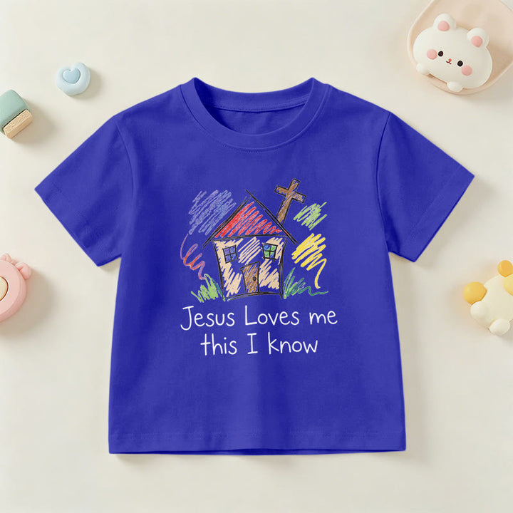Christianartworkshop Jesus liebt mich, das weiß ich. Kapellenkreuz Kinder Kurzarm-T-Shirt - Blau - US/GB/AU 14, EU 170 - image 21