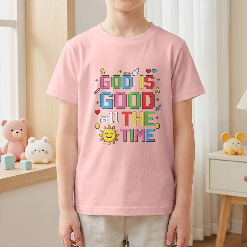 Christianartworkshop Buntes Pixel-T-Shirt mit Sonnen- und Engelsmotiv für Kinder (Kurzarm) mit dem Aufdruck „Gott ist immer gut“. - image 13