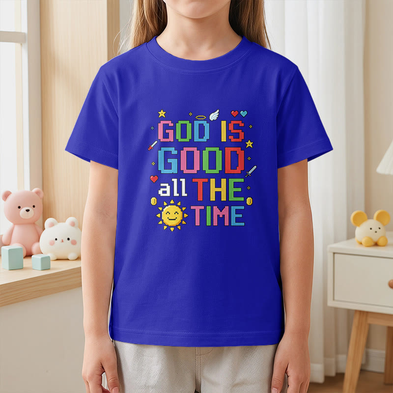 Christianartworkshop Buntes Pixel-T-Shirt mit Sonnen- und Engelsmotiv für Kinder (Kurzarm) mit dem Aufdruck „Gott ist immer gut“. - image 26