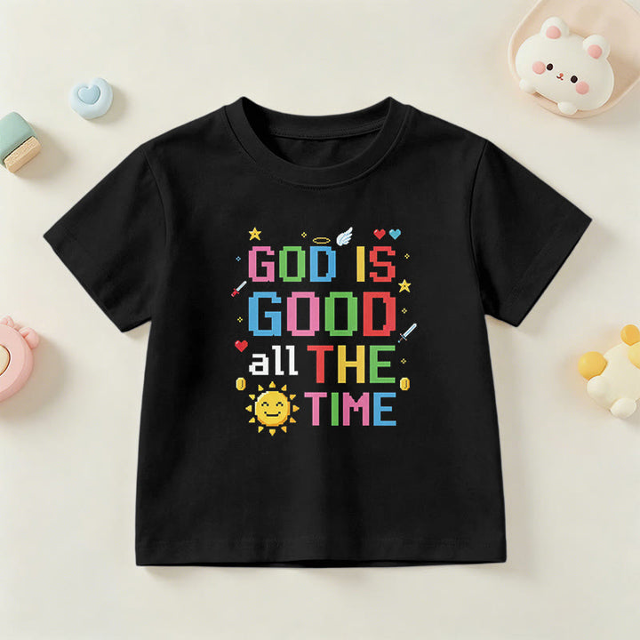 Christianartworkshop Buntes Pixel-T-Shirt mit Sonnen- und Engelsmotiv für Kinder (Kurzarm) mit dem Aufdruck „Gott ist immer gut“. - Schwarz - US/GB/AU 14, EU 170 - image 0