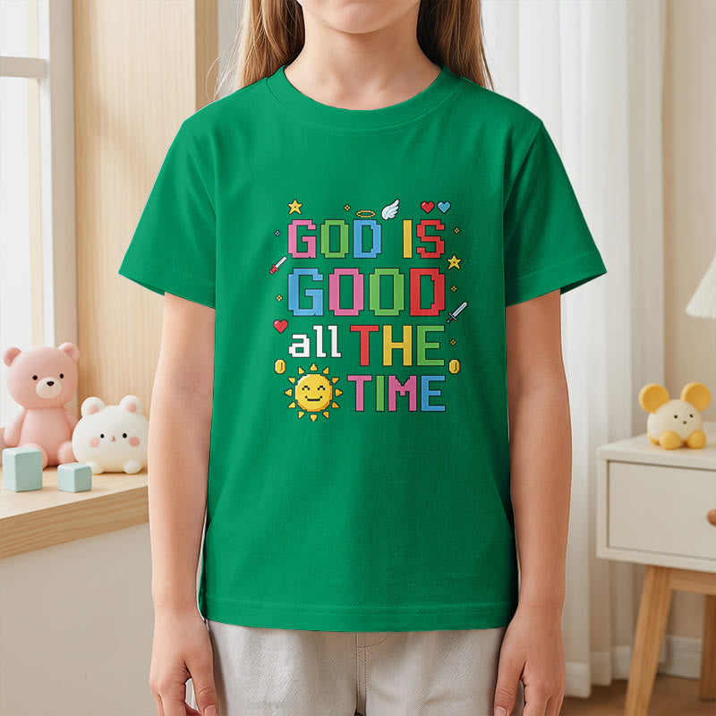 Christianartworkshop Buntes Pixel-T-Shirt mit Sonnen- und Engelsmotiv für Kinder (Kurzarm) mit dem Aufdruck „Gott ist immer gut“. - image 17