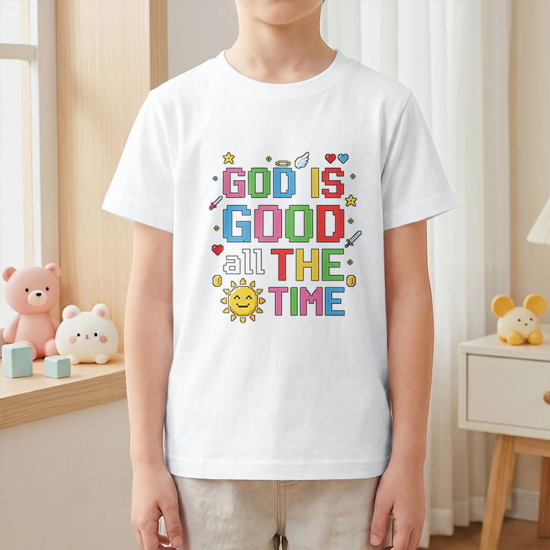Christianartworkshop Buntes Pixel-T-Shirt mit Sonnen- und Engelsmotiv für Kinder (Kurzarm) mit dem Aufdruck „Gott ist immer gut“. - image 19