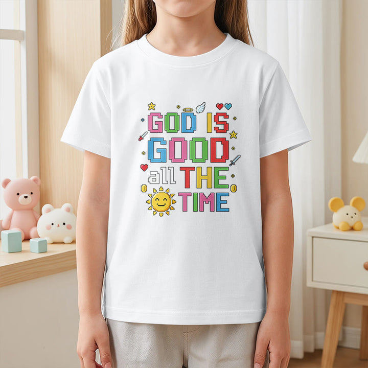 Christianartworkshop Buntes Pixel-T-Shirt mit Sonnen- und Engelsmotiv für Kinder (Kurzarm) mit dem Aufdruck „Gott ist immer gut“. - image 20