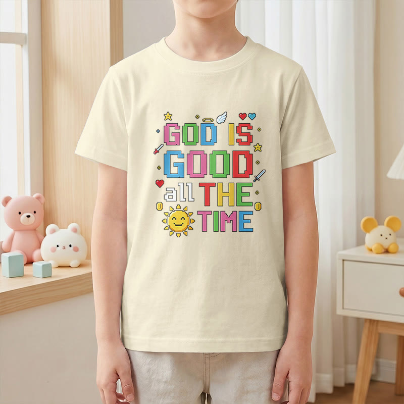 Christianartworkshop Buntes Pixel-T-Shirt mit Sonnen- und Engelsmotiv für Kinder (Kurzarm) mit dem Aufdruck „Gott ist immer gut“. - image 4