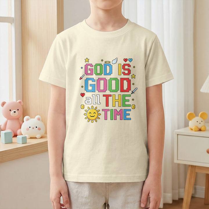 Christianartworkshop Buntes Pixel-T-Shirt mit Sonnen- und Engelsmotiv für Kinder (Kurzarm) mit dem Aufdruck „Gott ist immer gut“. - image 4