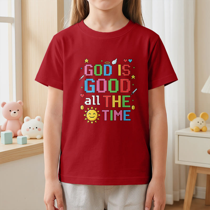 Christianartworkshop Buntes Pixel-T-Shirt mit Sonnen- und Engelsmotiv für Kinder (Kurzarm) mit dem Aufdruck „Gott ist immer gut“. - image 11