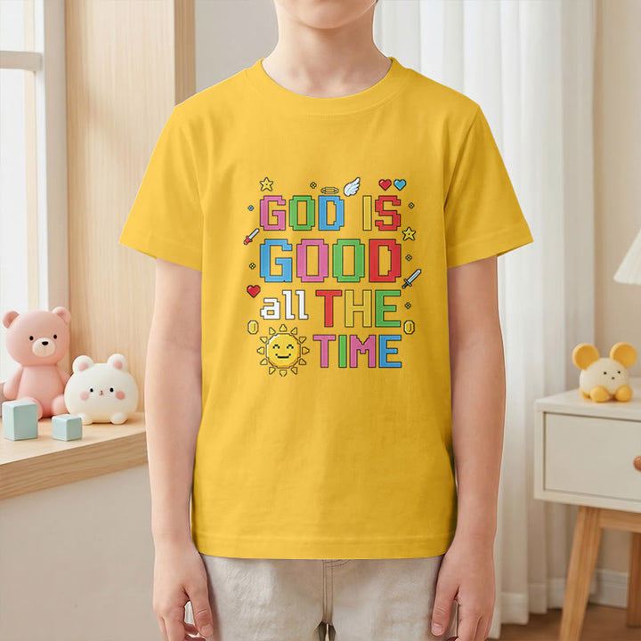 Christianartworkshop Buntes Pixel-T-Shirt mit Sonnen- und Engelsmotiv für Kinder (Kurzarm) mit dem Aufdruck „Gott ist immer gut“. - image 28