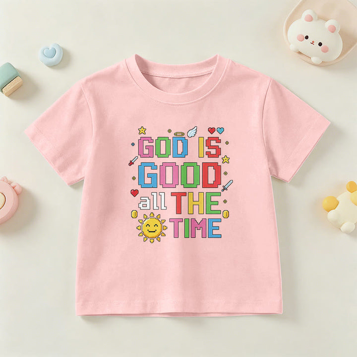 Christianartworkshop Buntes Pixel-T-Shirt mit Sonnen- und Engelsmotiv für Kinder (Kurzarm) mit dem Aufdruck „Gott ist immer gut“. - Rosa - US/GB/AU 14, EU 170 - image 12