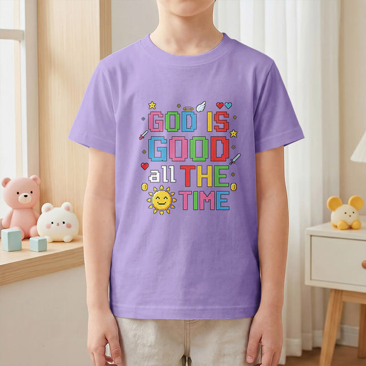 Christianartworkshop Buntes Pixel-T-Shirt mit Sonnen- und Engelsmotiv für Kinder (Kurzarm) mit dem Aufdruck „Gott ist immer gut“. - image 7