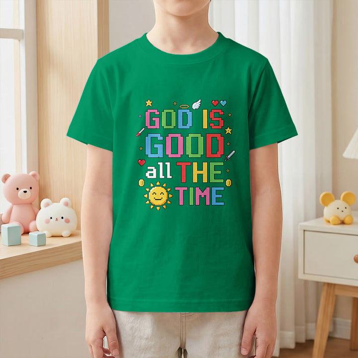 Christianartworkshop Buntes Pixel-T-Shirt mit Sonnen- und Engelsmotiv für Kinder (Kurzarm) mit dem Aufdruck „Gott ist immer gut“. - image 16
