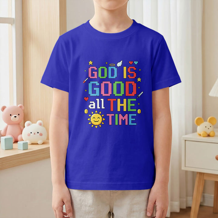 Christianartworkshop Buntes Pixel-T-Shirt mit Sonnen- und Engelsmotiv für Kinder (Kurzarm) mit dem Aufdruck „Gott ist immer gut“. - image 25