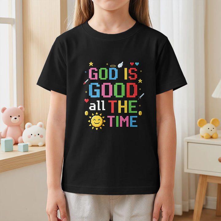 Christianartworkshop Buntes Pixel-T-Shirt mit Sonnen- und Engelsmotiv für Kinder (Kurzarm) mit dem Aufdruck „Gott ist immer gut“. - image 2