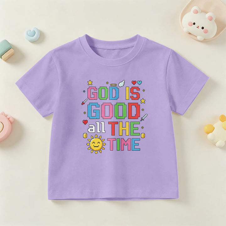 Christianartworkshop Buntes Pixel-T-Shirt mit Sonnen- und Engelsmotiv für Kinder (Kurzarm) mit dem Aufdruck „Gott ist immer gut“. - Lila - US/GB/AU 14, EU 170 - image 6