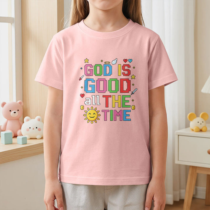 Christianartworkshop Buntes Pixel-T-Shirt mit Sonnen- und Engelsmotiv für Kinder (Kurzarm) mit dem Aufdruck „Gott ist immer gut“. - image 14