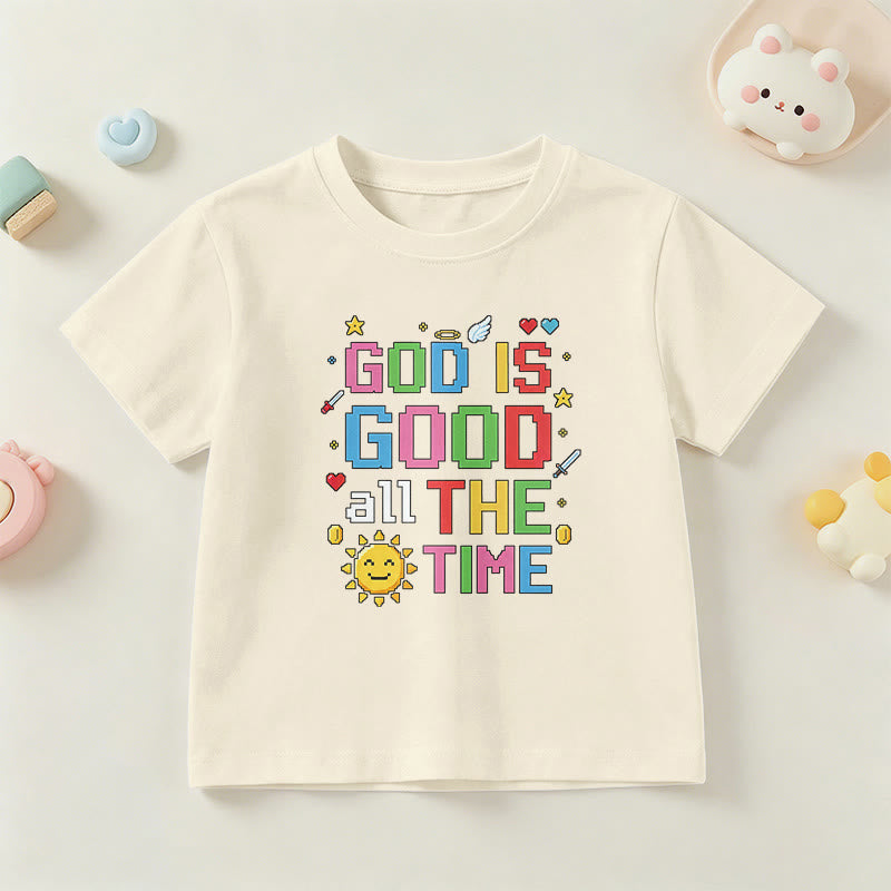 Christianartworkshop Buntes Pixel-T-Shirt mit Sonnen- und Engelsmotiv für Kinder (Kurzarm) mit dem Aufdruck „Gott ist immer gut“. - Beige - US/GB/AU 14, EU 170 - image 3