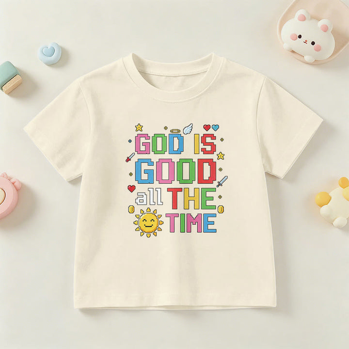 Christianartworkshop Buntes Pixel-T-Shirt mit Sonnen- und Engelsmotiv für Kinder (Kurzarm) mit dem Aufdruck „Gott ist immer gut“. - Beige - US/GB/AU 14, EU 170 - image 3