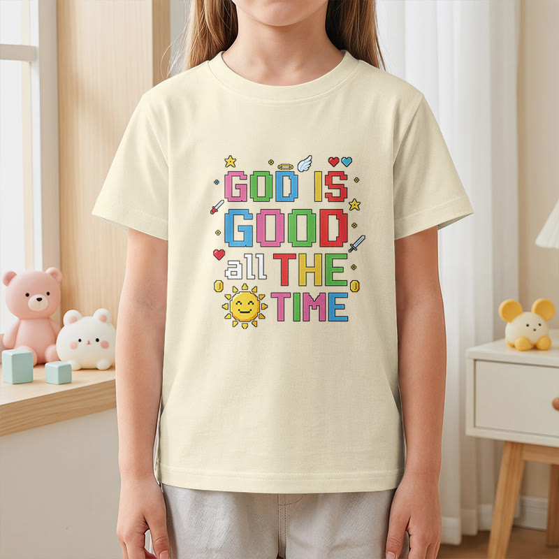 Christianartworkshop Buntes Pixel-T-Shirt mit Sonnen- und Engelsmotiv für Kinder (Kurzarm) mit dem Aufdruck „Gott ist immer gut“. - image 5