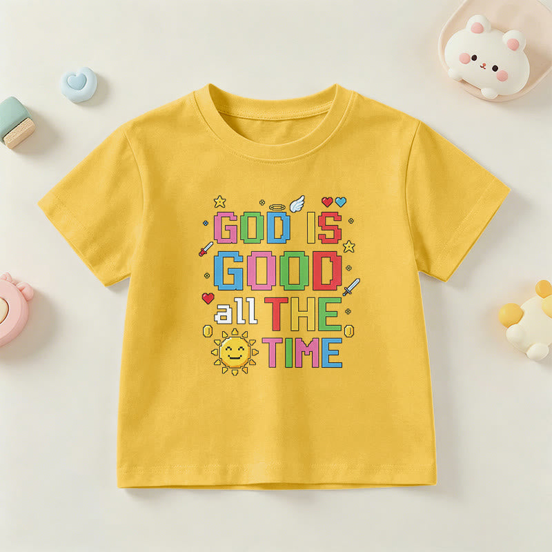 Christianartworkshop Buntes Pixel-T-Shirt mit Sonnen- und Engelsmotiv für Kinder (Kurzarm) mit dem Aufdruck „Gott ist immer gut“. - Gelb - US/GB/AU 14, EU 170 - image 27