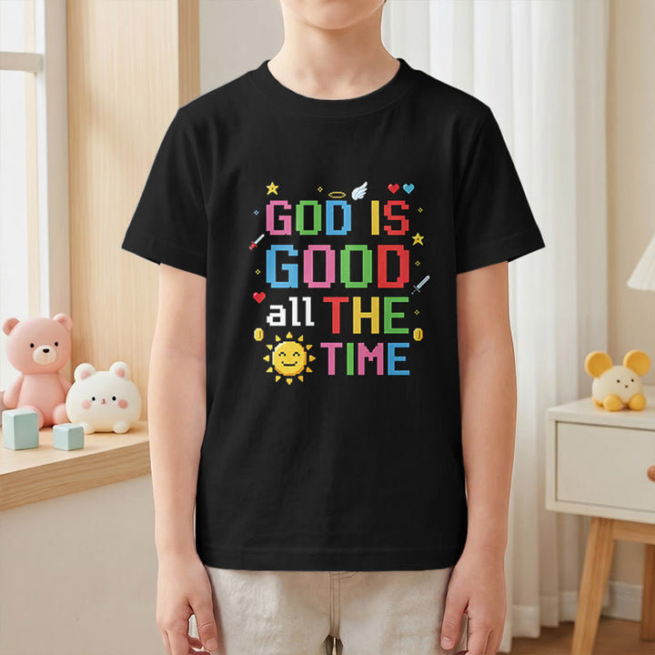 Christianartworkshop Buntes Pixel-T-Shirt mit Sonnen- und Engelsmotiv für Kinder (Kurzarm) mit dem Aufdruck „Gott ist immer gut“. - image 1
