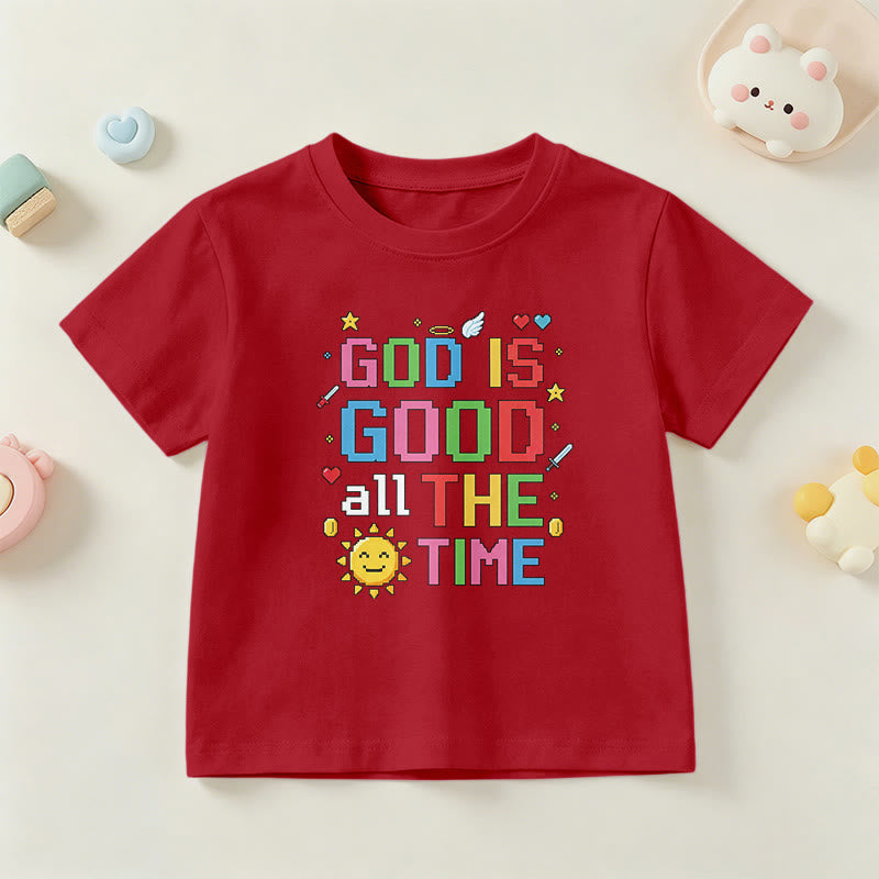 Christianartworkshop Buntes Pixel-T-Shirt mit Sonnen- und Engelsmotiv für Kinder (Kurzarm) mit dem Aufdruck „Gott ist immer gut“. - Rot - US/GB/AU 14, EU 170 - image 9