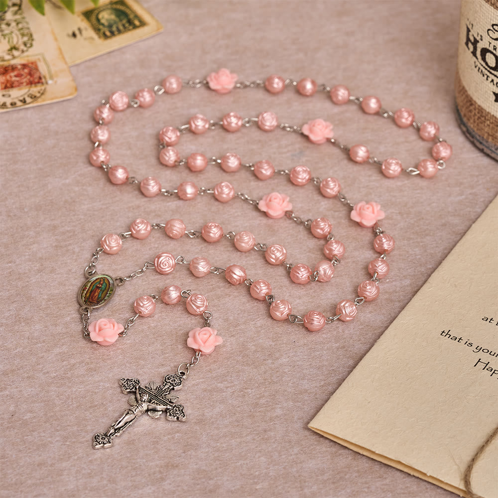 Christianartworkshop Glänzender Rosenkranz mit geprägten Rosenperlen und dreidimensionalem Blumendekor, Emaille-Medaille „Unsere Liebe Frau“ und antikes Kruzifix - image 1