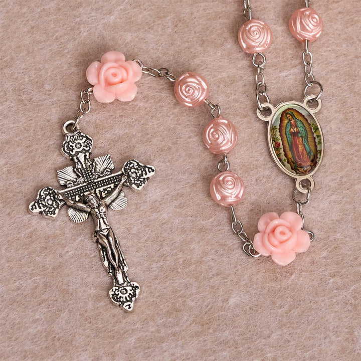 Christianartworkshop Glänzender Rosenkranz mit geprägten Rosenperlen und dreidimensionalem Blumendekor, Emaille-Medaille „Unsere Liebe Frau“ und antikes Kruzifix - image 5