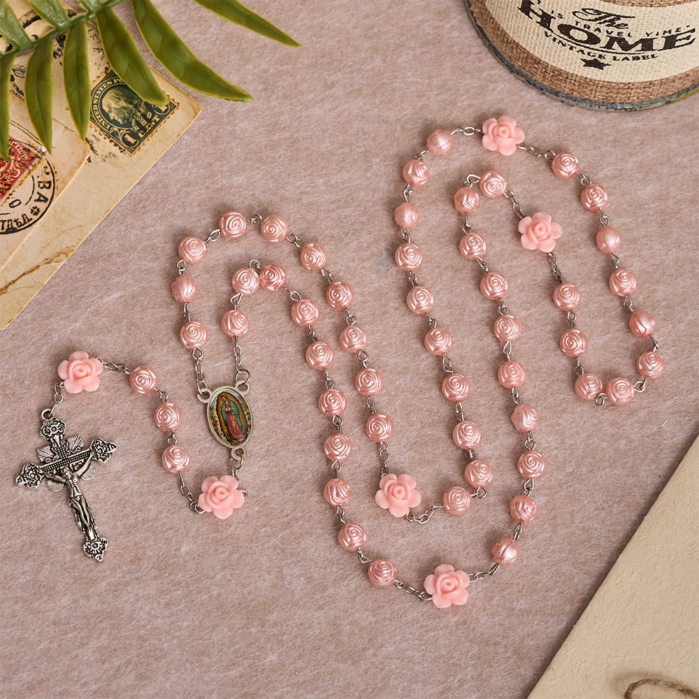 Christianartworkshop Glänzender Rosenkranz mit geprägten Rosenperlen und dreidimensionalem Blumendekor, Emaille-Medaille „Unsere Liebe Frau“ und antikes Kruzifix - image 3
