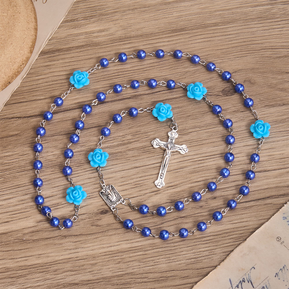 Christianartworkshop Glatter, perlenartiger Rosenkranz mit runden Perlen, Rosenornament und einem Anhänger der Jungfrau Maria in der Mitte. - Blau - image 6