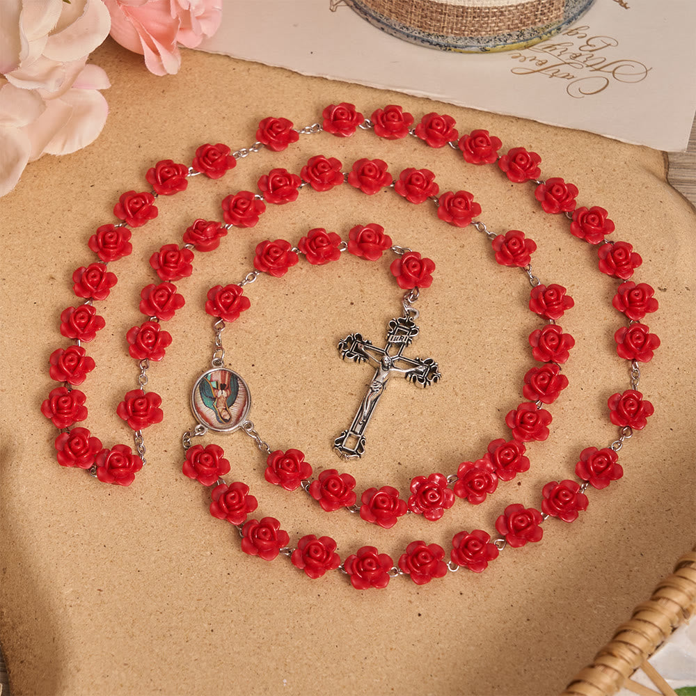 Christianartworkshop Elegante Rosenkranz-Medaille mit roter Rosenblüte, Emaille-Kreuz und Marienmotiv - image 2