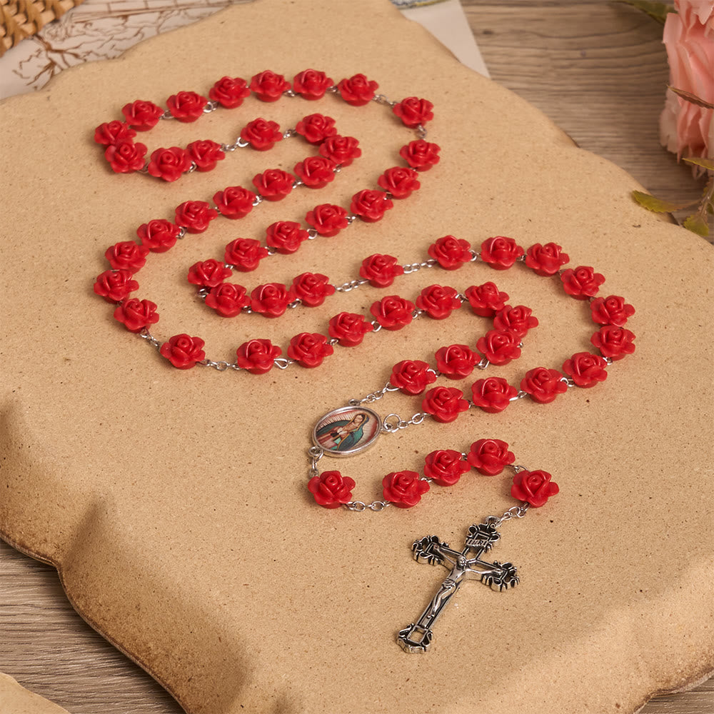 Christianartworkshop Elegante Rosenkranz-Medaille mit roter Rosenblüte, Emaille-Kreuz und Marienmotiv - image 1