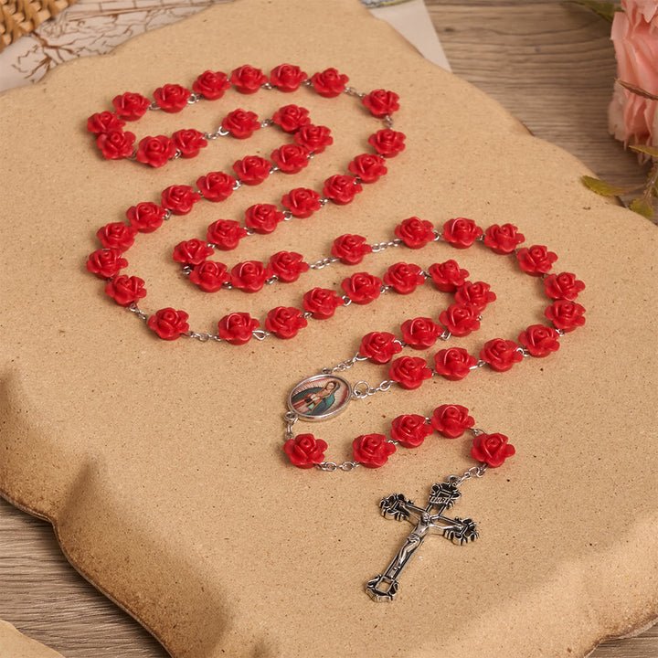 Christianartworkshop Elegante Rosenkranz-Medaille mit roter Rosenblüte, Emaille-Kreuz und Marienmotiv - image 1