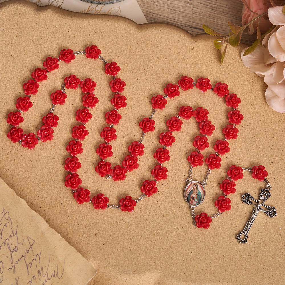 Christianartworkshop Elegante Rosenkranz-Medaille mit roter Rosenblüte, Emaille-Kreuz und Marienmotiv - image 3