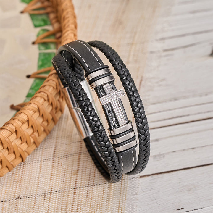 Christianartworkshop Mehrlagiges geflochtenes Lederarmband mit Zirkonia-Kreuz und dreifarbigem Metall-Zwischenstück - Silber - 23 cm - image 7