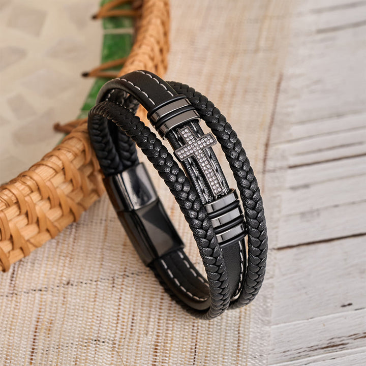Christianartworkshop Mehrlagiges geflochtenes Lederarmband mit Zirkonia-Kreuz und dreifarbigem Metall-Zwischenstück - Schwarz - 23 cm - image 1