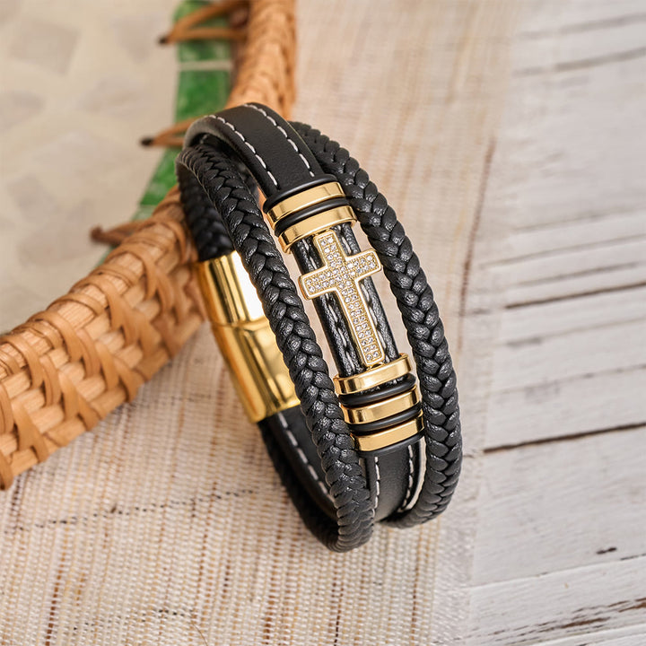 Christianartworkshop Mehrlagiges geflochtenes Lederarmband mit Zirkonia-Kreuz und dreifarbigem Metall-Zwischenstück - Golden - 23 cm - image 4