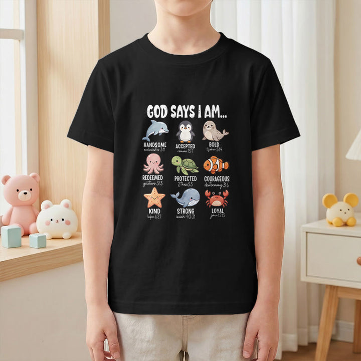 Christianartworkshop Bequemes Kurzarm-T-Shirt für Kinder mit Wal-, Pinguin- und Krabbenprint und Glaubensspruch - image 4