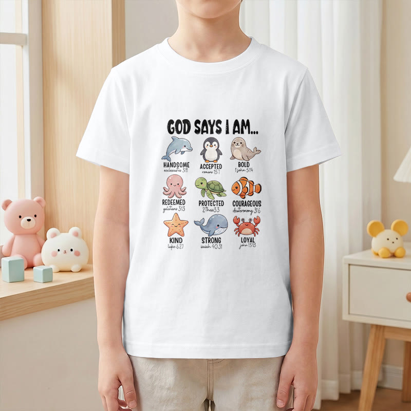 Christianartworkshop Bequemes Kurzarm-T-Shirt für Kinder mit Wal-, Pinguin- und Krabbenprint und Glaubensspruch - image 22
